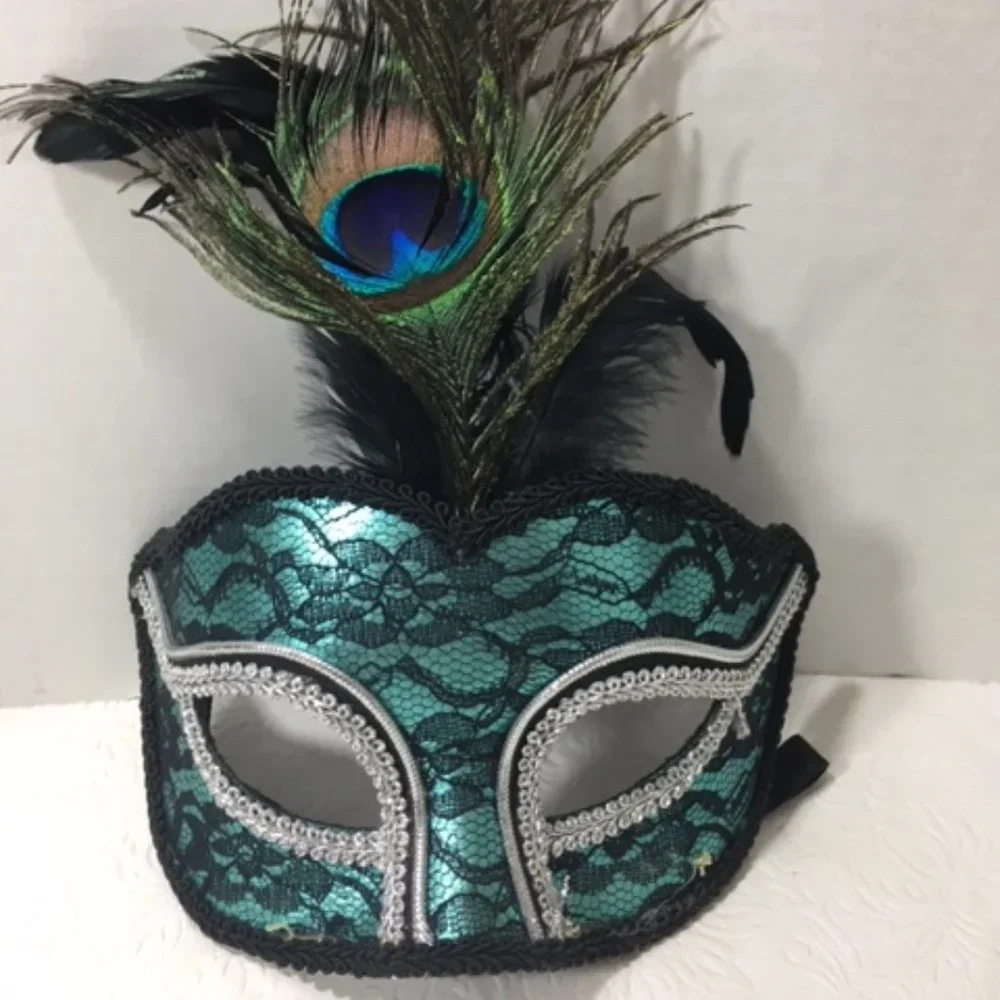 Turquoise Black Lace Peacock Feathers Masquerade Halloween Mask